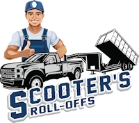 Worker man behind a roll off dumpster rig and the text Scooter's Roll-Offs.