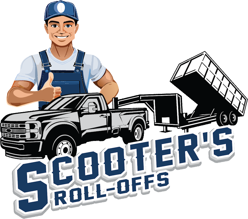 Illustration of a working man standing behind a rolloff dumpster and truck rig.